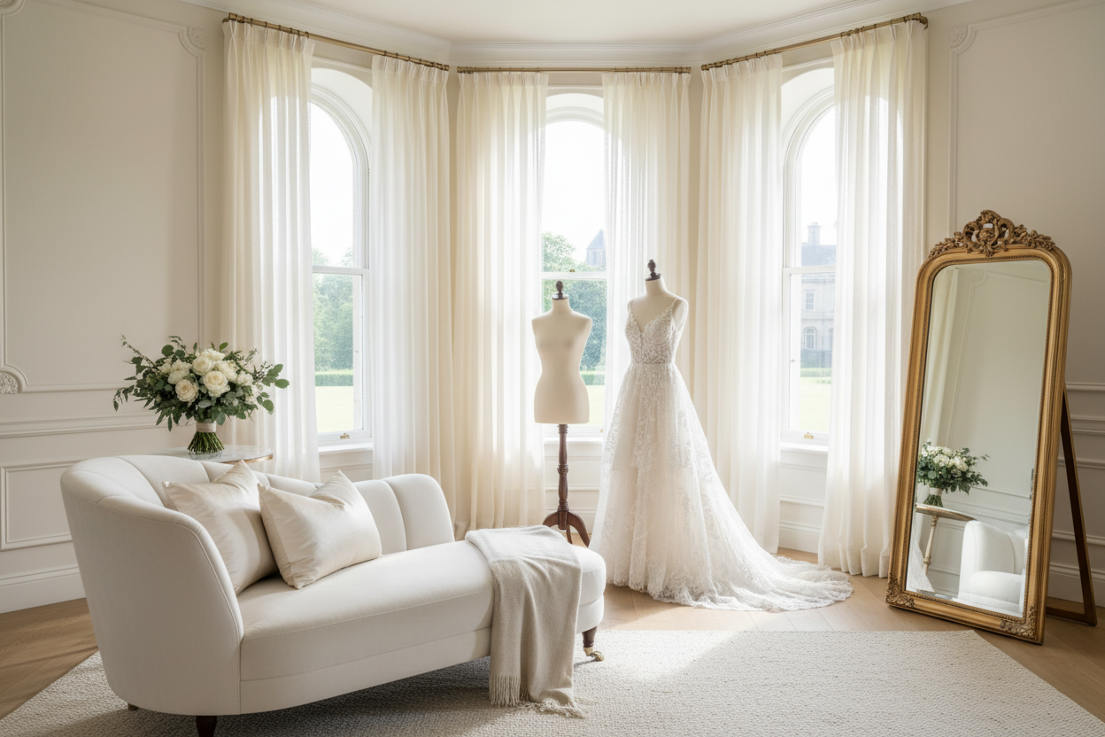 Luxurious bridal suite with elegant seating and natural light