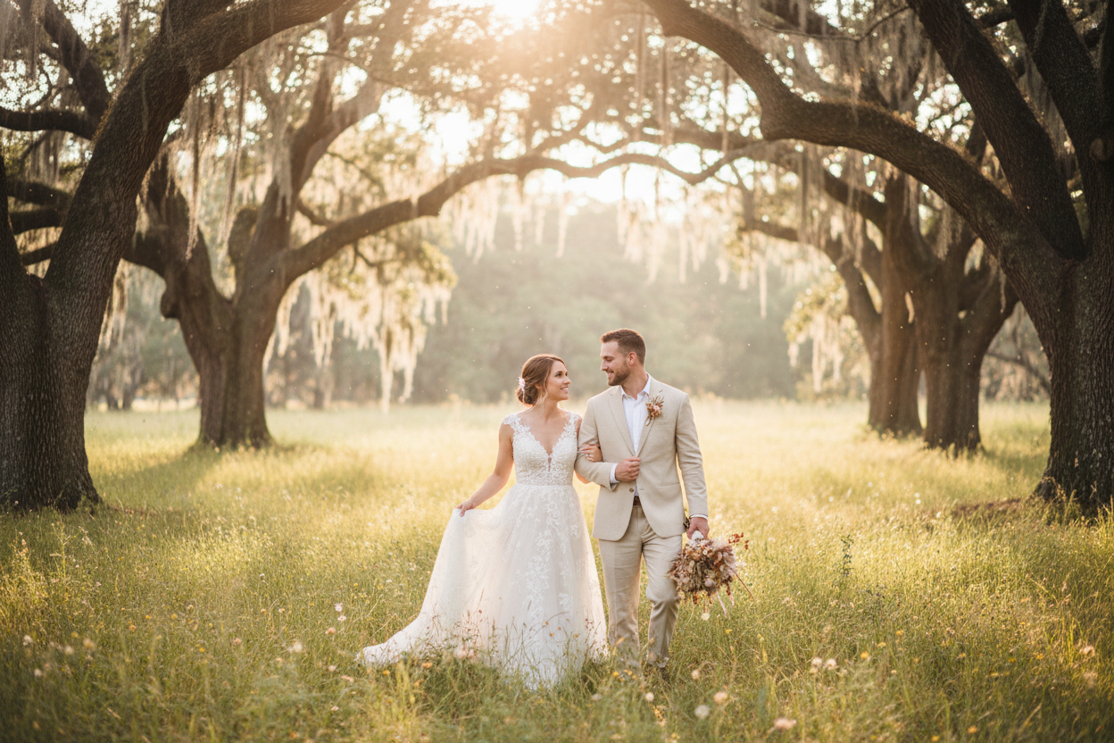 Couple walking hand in hand through oak trees