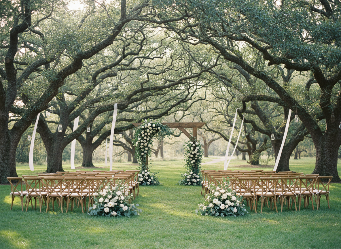 Outdoor wedding ceremony under oak trees with floral arch
